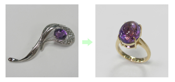 お母さまの形見のアメシストのシルバーブローチ。誕生石で好きな宝石だから、シンプルなデザインの指輪にリフォーム