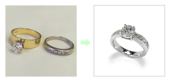 着けていない1カラットのダイヤモンドリングと一文字のダイヤモンドリング（7石入り）。ダイヤモンドを全部使って、1本の指輪に作り変えたジュエリーリフォーム