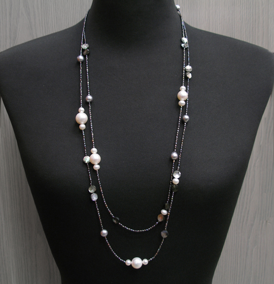 淡水パールロングネックレス 160cm 14mm～7mm 黒蝶貝入り