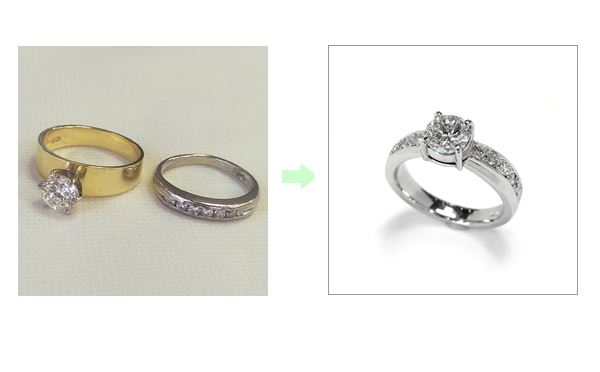 着けていない1カラットのダイヤモンドリングと一文字のダイヤモンドリング（7石入り）ダイヤモンドを全部使って、1本の指輪に作り変えたジュエリーリフォーム