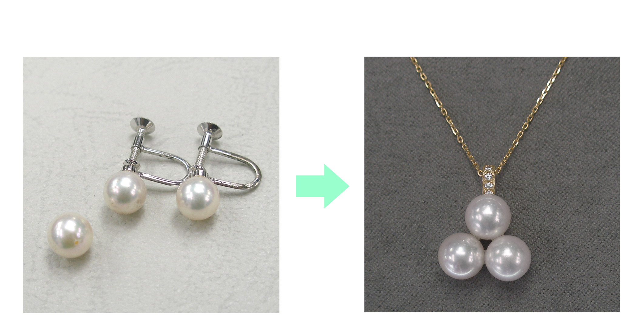 出番のなくなった真珠のイヤリングとネックレスから外した真珠を使ってジュエリーリフォーム